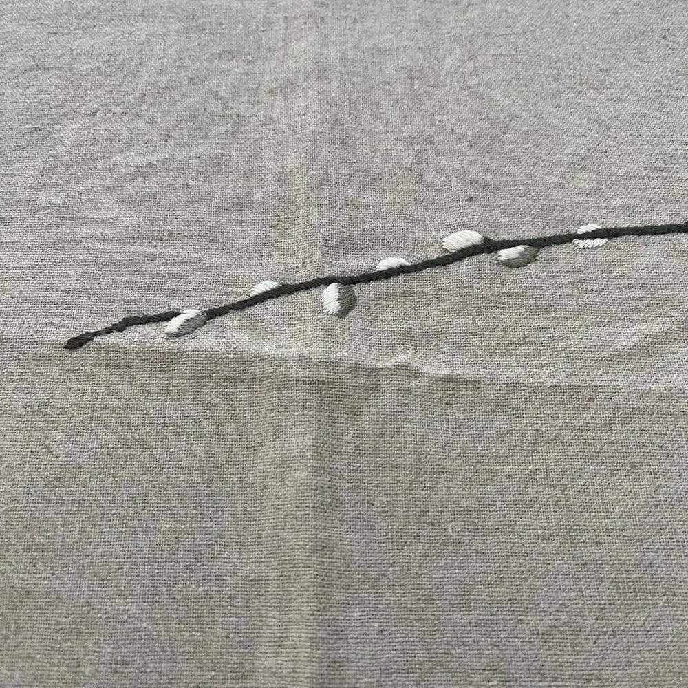 Heavyweight Taupe Linen Tablecloth with Fringe Embroidered Leaves 86
